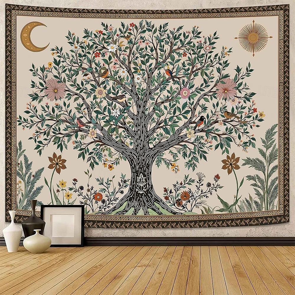Tapeçaria de parede vintage estética com árvore da vida, fundo floral botânico da natureza, decoração boêmia para quarto, arte de parede grande para decoração de apartamento ou dormitório. de 2026 por $19.99 –P5