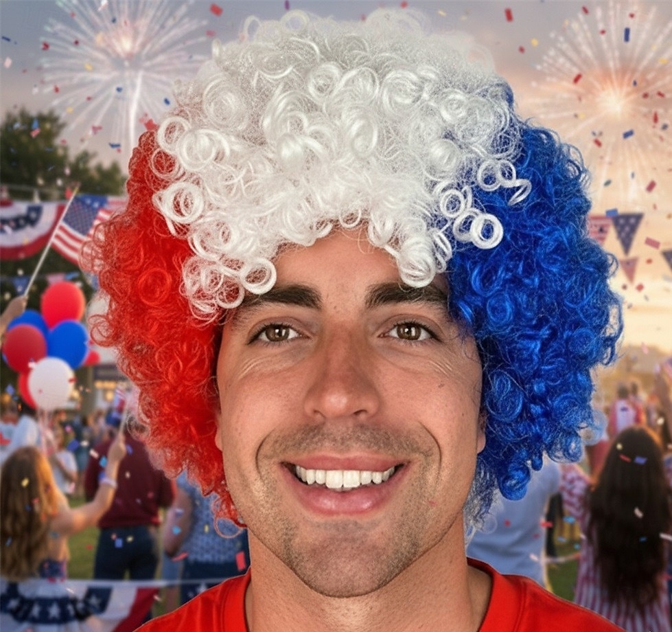 Pelucas rizadas del 4 de julio Rojas blancas y azules peluca rizada natural resistente al calor para fiesta de cosplay 2026 - $28.99 –P1