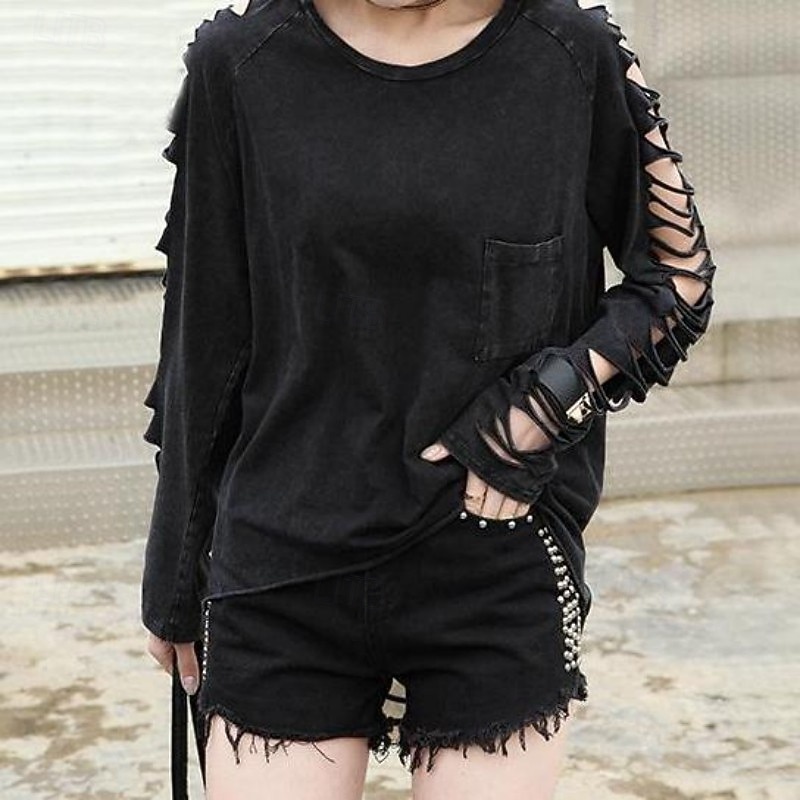 Pentru femei Top cu umeri deschiși Topuri cu spălare vintage Ciucure Eliminat Moda Punk Manșon Lung Stil Nautic Rotund Topuri obișnuite Zilnic Ieșire Negru Vară Primăvară 2026 - $36.99 –P1