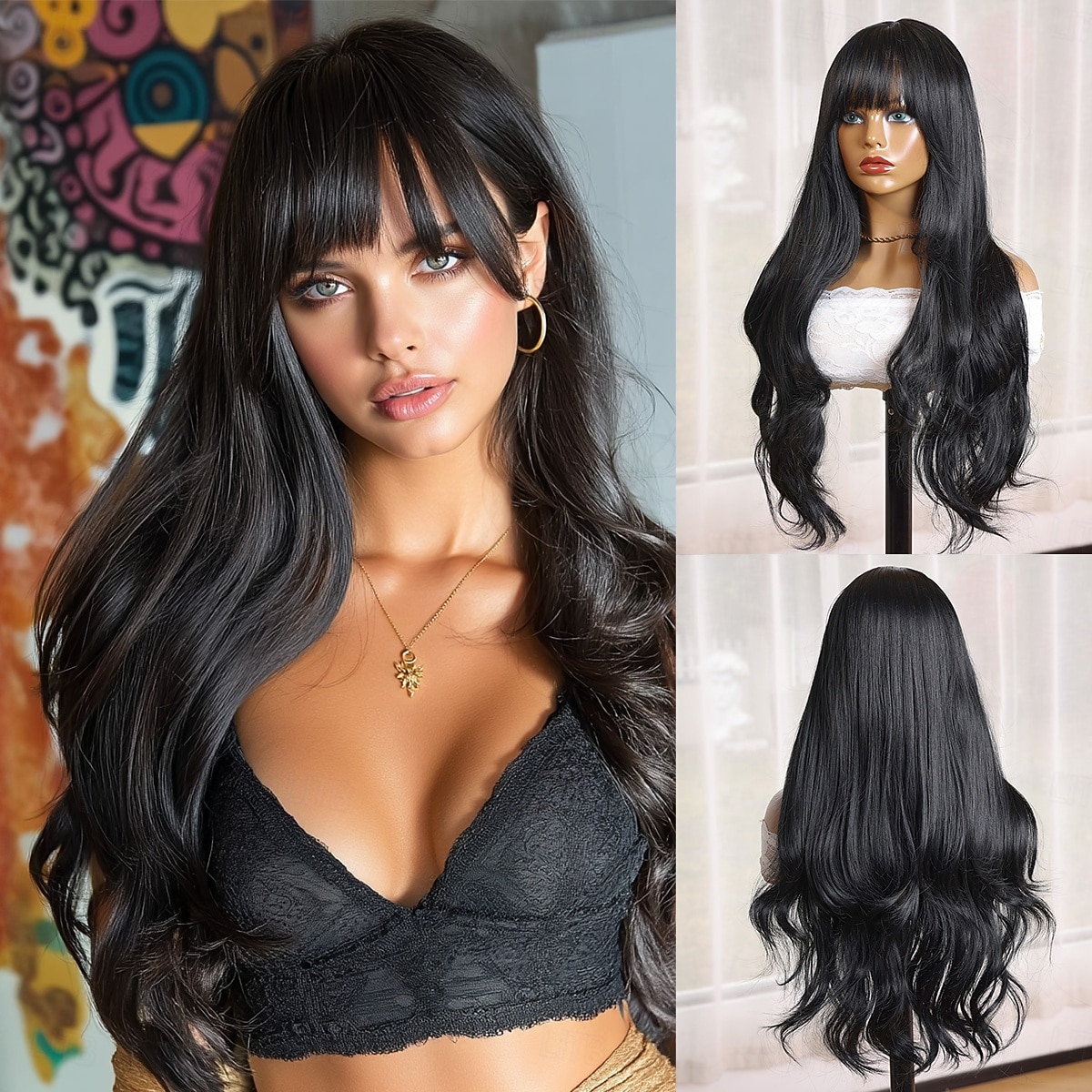 Synthetic Wig Curly Wavy Neat Bang Machine Made Wig 28 inch Natural Black #1B Synthetic Hair 28 inch Women's Black 2026 - $41.99 –P1