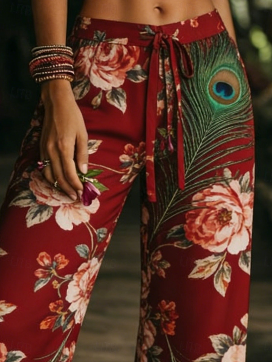 Γυναικεία Πλατύ Πόδι Παντελόνια Διακοπές Μοντέρνα Μπόχο Πλήρες μήκος Μεσαία Μέση Φλοράλ Τσέπη Ελαστική μέση Στάμπα Άνετα Ικανότητα να αναπνέει Ανελαστικό Καθημερινά ΕΞΩΤΕΡΙΚΟΥ ΧΩΡΟΥ Διακοπές Ρουμπίνι 2026 - $37.99 –P2