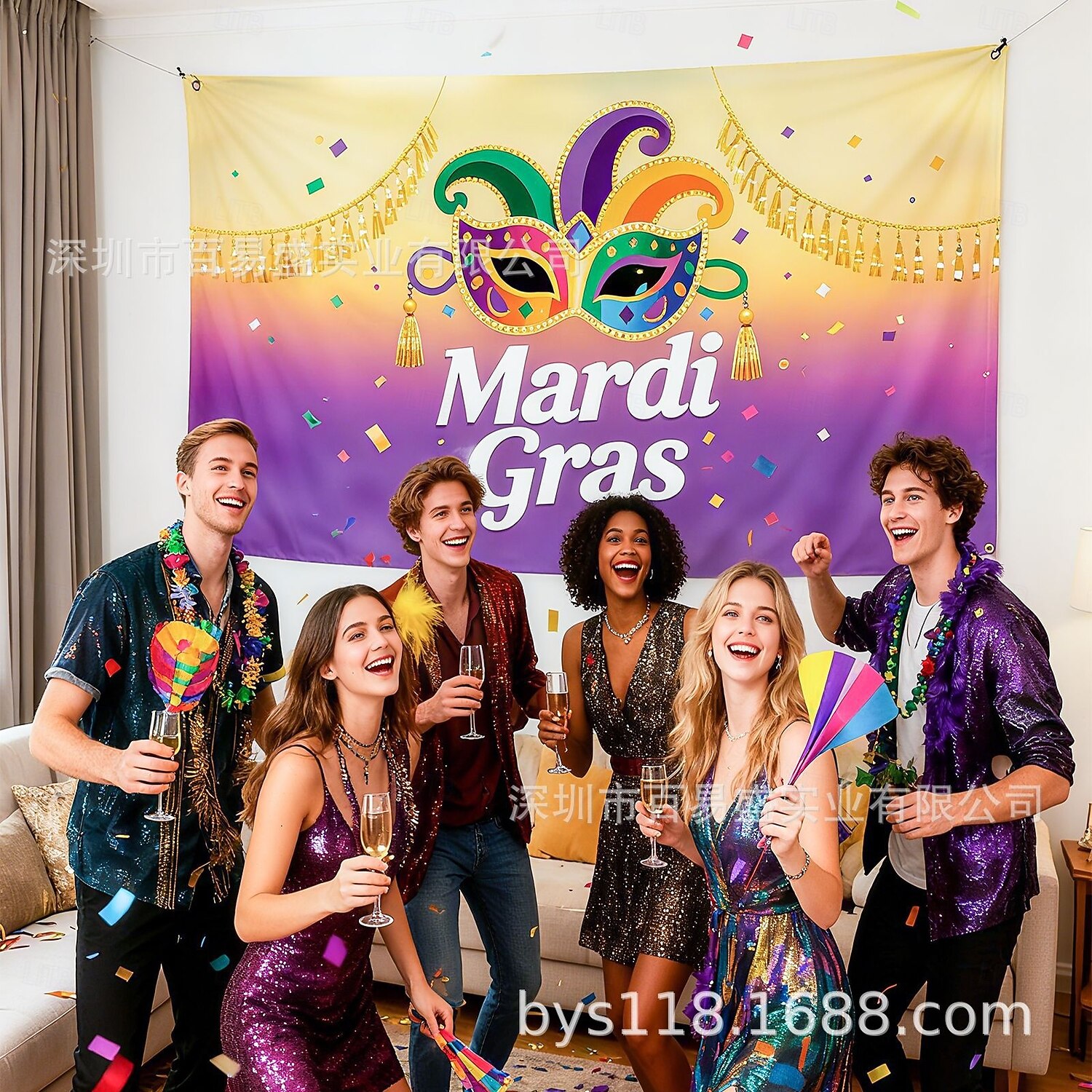 Баннер для фотозоны на вечеринку Марди Гра, большой тканевый фон с фиолетовыми, зелеными и золотыми масками для фотобудки, украшения для стен на парад «Жирный вторник», товары для карнавальной 2026 - AU $17.41 –P7