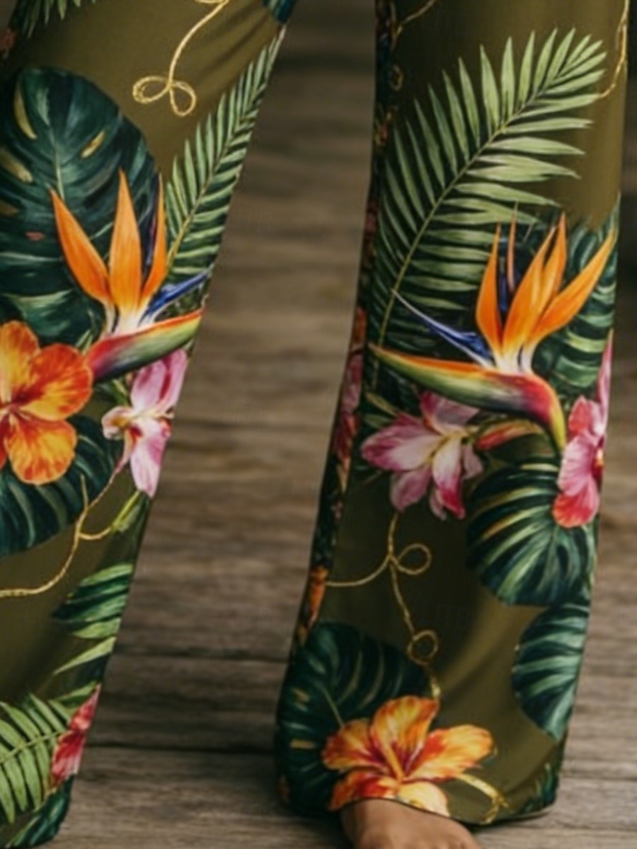 2026年 女性用 ワイドレッグ チノパン パンツ ファッション ベーシック ボヘミアン 全長 ミディアムウエスト フラワー ポケット 弾性ウエスト プリント 快適 通気性 伸縮性なし 日常 アウトドア バケーション グリーン 夏 春 秋 レギュラー  コレクション – $37.99 –P3