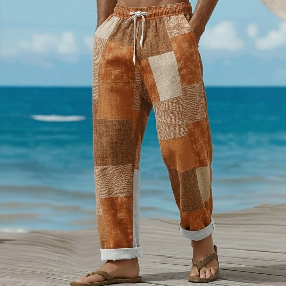 Men's Geometric Color Block Patchwork Trousers Baggy Pants Casual Pants Mid Waist Fashion Home Outdoor Vacation Elastic Drawstring Waist Linen-Like Pants with Pockets Summer Spring 3D Print Blue Pink 2026 - $27.99 –P3