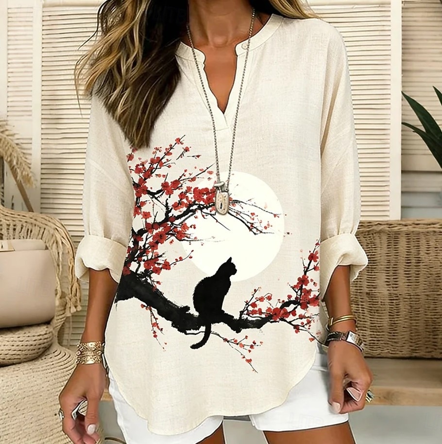 Damen Bluse Gerafft Bestickt Druck Ombre Grafik Geometrisch Vintage Tropisch Hawaiianisch Langarm V Ausschnitt Lange Oberteile Täglich Ferien Urlaubskleidung Blau Weiß Beige Sommer Frühling 2026 - $32.99 –P3