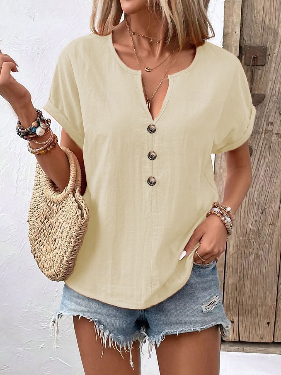 Mujer Camiseta Camiseta superior Botones del pecho Plano Moda Elegante Clásico Manga Corta Escote en Pico Tops regulares Diario Noche Fin de semana Negro Blanco Rojo Azul Marino Naranja Verano 2026 - $21.99 –P4
