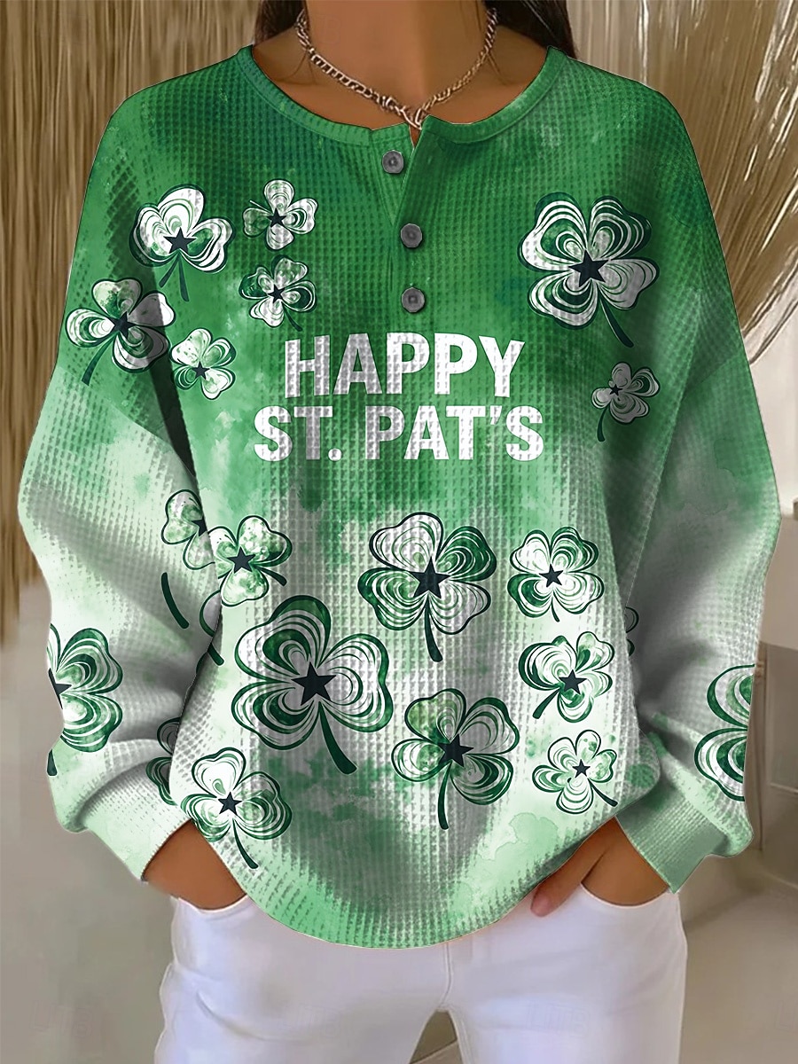سويت شيرت نسائي من سانت باتريك بمناسبة يوم القديس باتريك برسومات شامروك، دافئ، كلاسيكي، غير رسمي، بأكمام طويلة، رقبة دائرية، أعلى عادي، ملابس يومية، طباعة أزرار، أخضر 2026 - $26.99 –P3