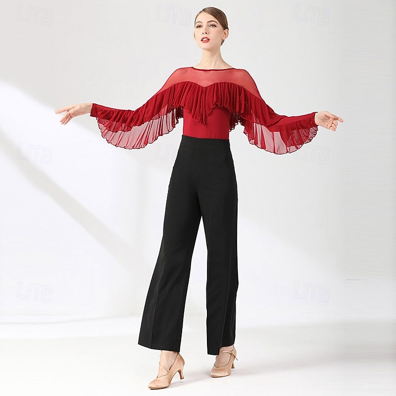 Top da ballo da sala da donna, maglia trasparente con volant e maniche a pipistrello, camicetta rossa per prove di valzer latino, performance moderna del 2026 a $70.99 –P4