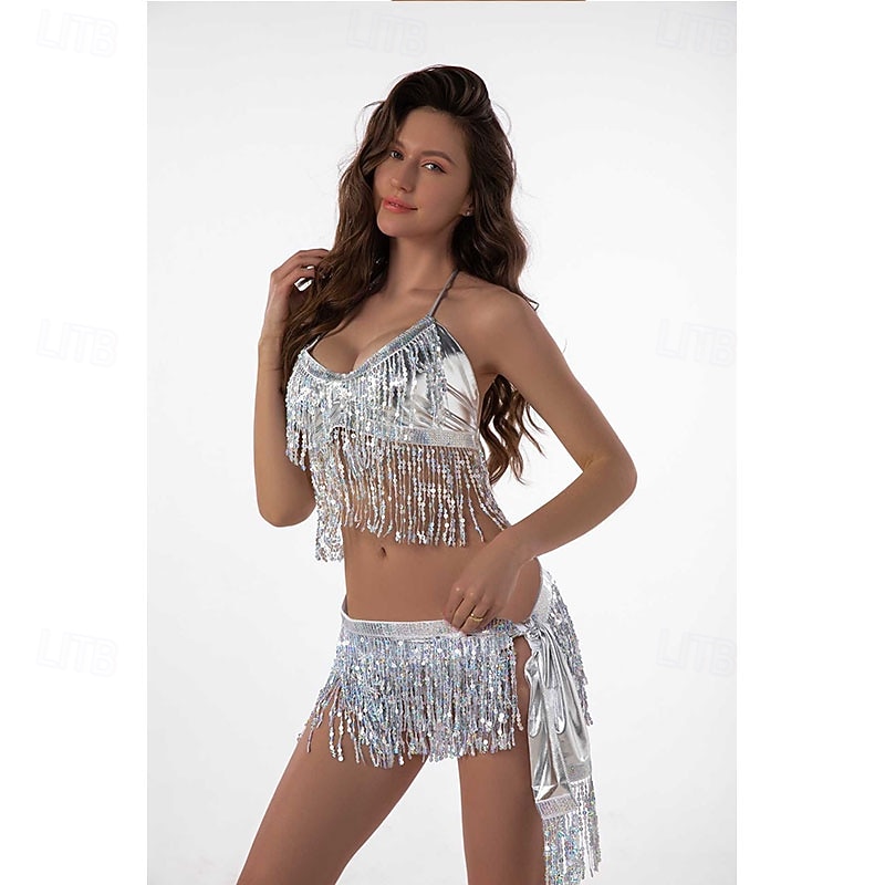 Samba Tanzbekleidung Gold Schimmer Pailletten-Tassel Bauchtanz-Set Leistungs-Kostüm 2026 - $20.99 –P9