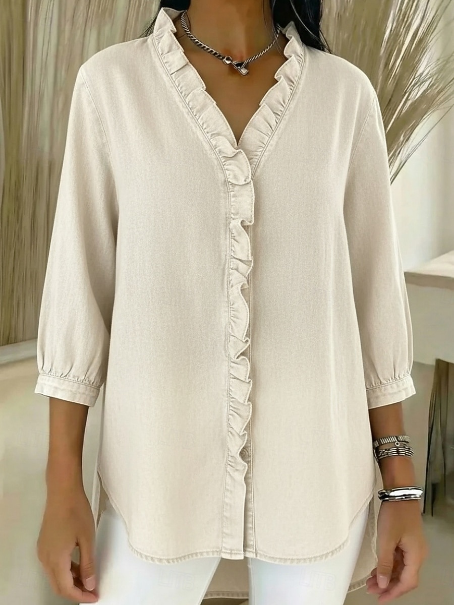 Per donna Camicia Estiva Camicia casual Blusa Volant Tinta unica Vacanza Vintage Elegante Manica 3/4 Scollo a V Top Regolari Quotidiano All'aperto Ferie Blu Nero Blu marino Albicocca Grigio Primavera del 2026 a $29.99 –P9