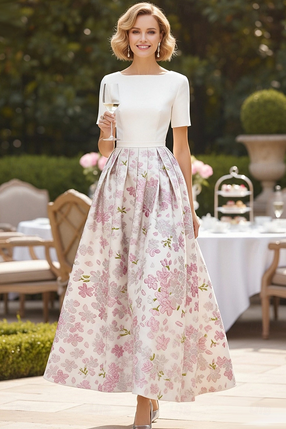 A-linje Ankellengde Cocktail Kjole Gjestekjole til bryllup Derbykjole Kjole til brudens mor Kortermet Båthals Elegant Formell Kentucky Derby Jacquard med Plissert Fargeblokk 2026 - $186.29 –P1