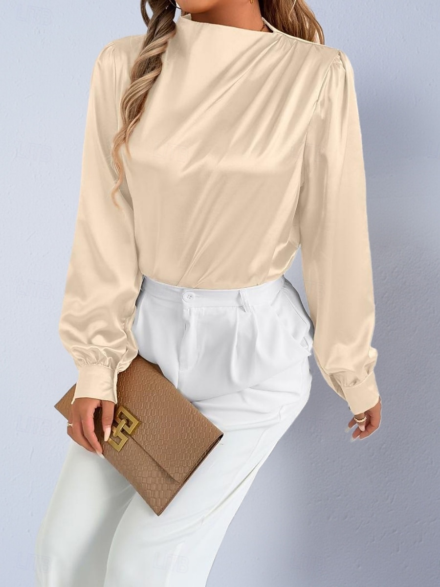 Dames Overhemd Satijnen overhemd Normaal shirt Met ruches Effen Stijlvol Basic Klassiek Lange mouw Hoge nek Normale tops Dagelijks Feestdagen Uitgaan Zwart Wit Wijn Rood Lente Herfst 2026 - $22.99 –P19