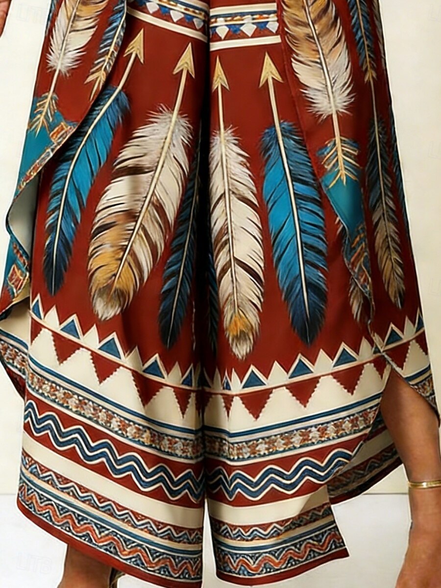 Women's Wide Leg Pants Trousers Casual Pants Vacation Casual Boho Full Length Medium Waist Graphic Feather Layered Asymmetric Comfort Soft Comfortable Inelastic Daily Outdoor Vacation Claret-red 2026 - $47.99 –P3