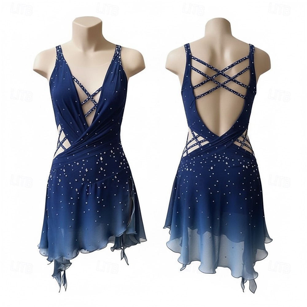 Robe de patinage artistique Femmes Patinage Robe Bleu marine Patchwork Dos Nu Élastique Entraînement Compétition Tenue de Patinage Classique cristal pailleté Sans manches Patinage sur glace Patinage de 2026 ? $352.89 –P1
