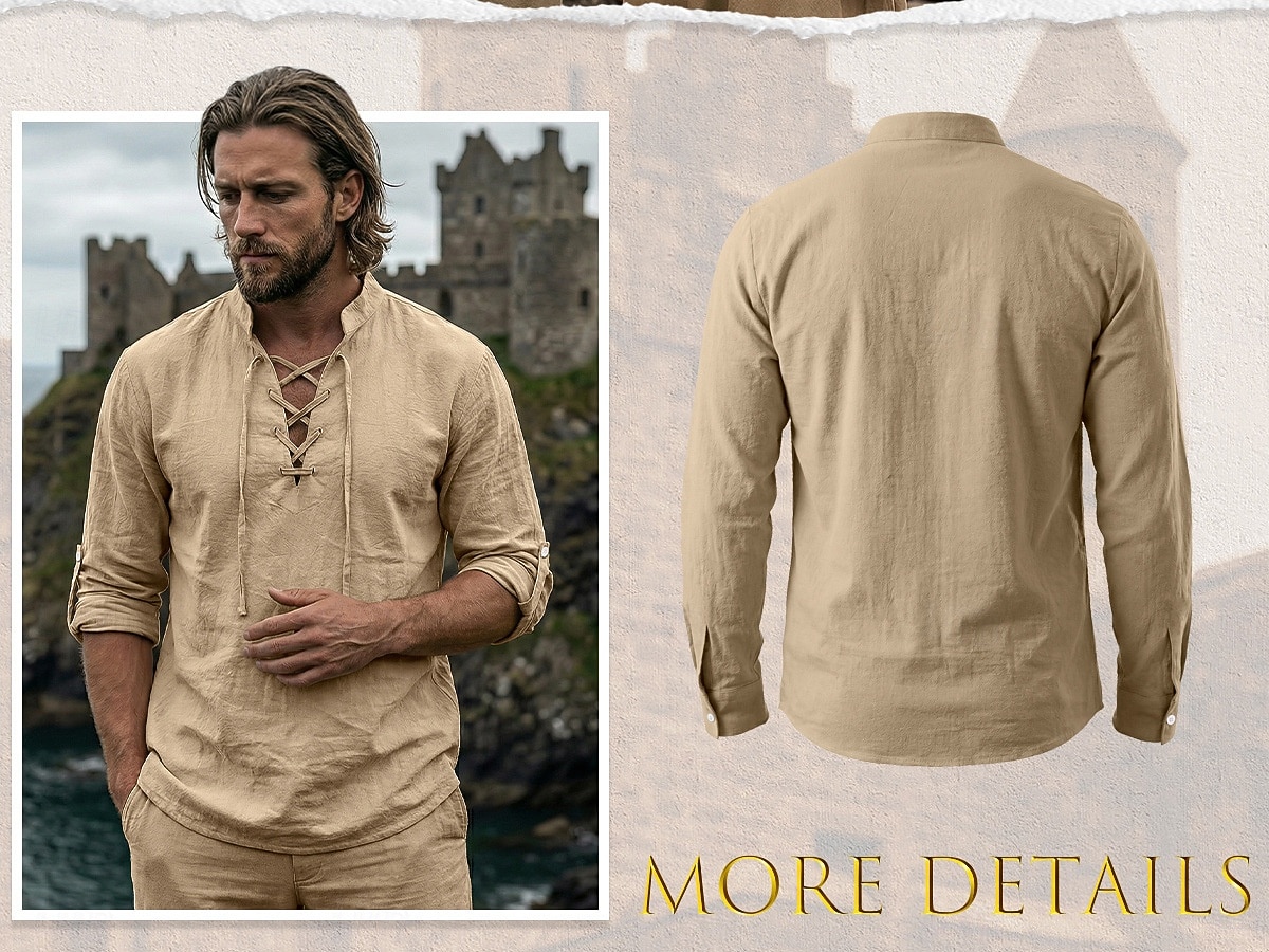 Homme Chemise Chemise en lin Style Viking Chemise popover Chemise d'été Chemise à col officier Uni Occasionnel Vacances Noir Blanche Vert Kaki manche longue Col en V Été Printemps Vêtement Tenue de 2026 ? $25.99 –P2