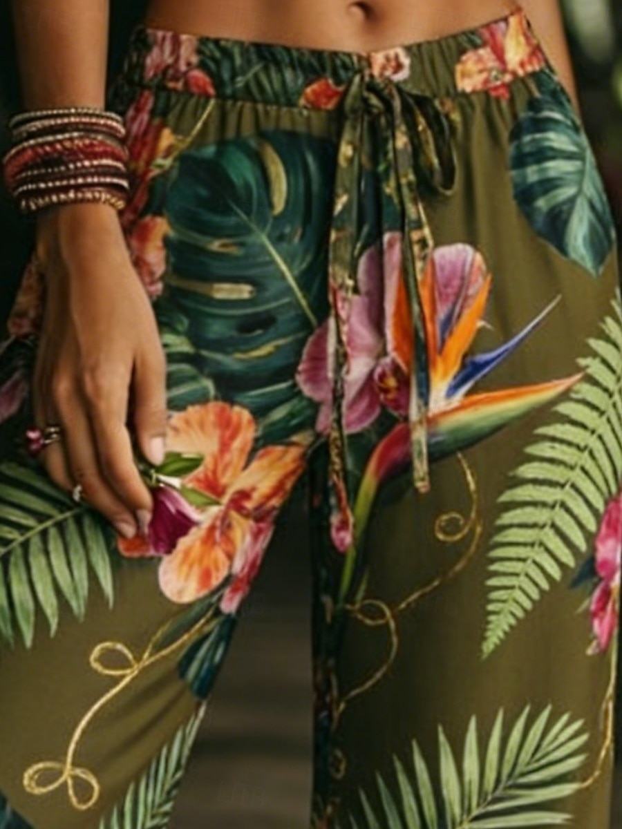 2026年 女性用 ワイドレッグ チノパン パンツ ファッション ベーシック ボヘミアン 全長 ミディアムウエスト フラワー ポケット 弾性ウエスト プリント 快適 通気性 伸縮性なし 日常 アウトドア バケーション グリーン 夏 春 秋 レギュラー  コレクション – $37.99 –P2