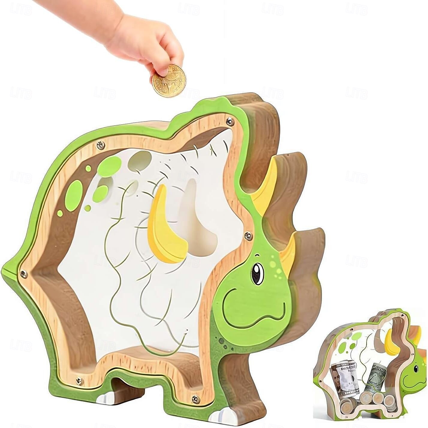 Houten spaarpot in de vorm van een dinosaurus voor jongens, transparante spaarpot met acrylvenster, creatieve spaarpot, cadeau spaarpot, nieuwjaars-, verjaardags- of doopcadeau voor peuters en meisjes 2026 - $22.99 –P12