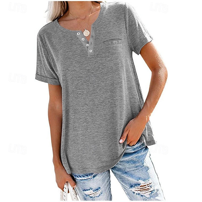 Mujer Tops de verano Blusa Frunce Retazos Bolsillo Color sólido Plano Elegante Vintage damas Manga Corta Escote en Pico Tops regulares Diario Trabajo Festivos Rosa Morado Verde Trébol Caqui Verano 2026 - $29.99 –P3