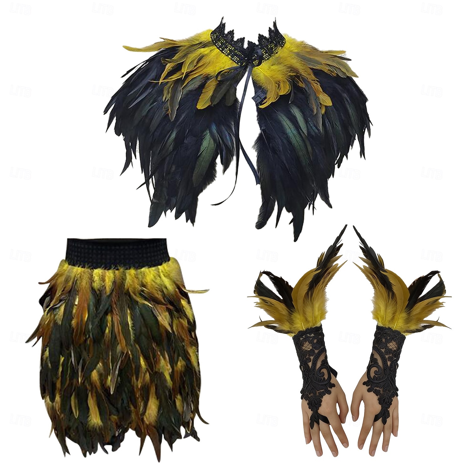 Carnaval 2026 Rio Carnaval Samba Accessoires 3-delig Vrouwen Veer Kostuum Set Gotische Veer Cape Sjaal Mini Rok  Lange Kant Polsmanchetten Brazilië Festival Performance Kostuum 2026 - $65.99 –P9