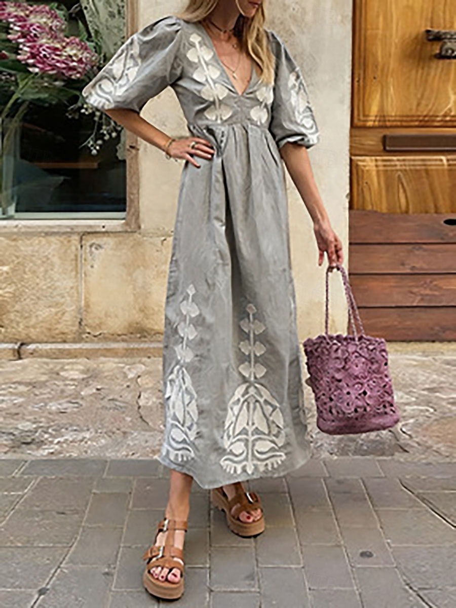 Casual Modern Kaftan Dress Women's Midi Dress Faux Cotton Linen Kaftan Dress Casual Dress Print Dress Elegant Fashion Modern Outdoor