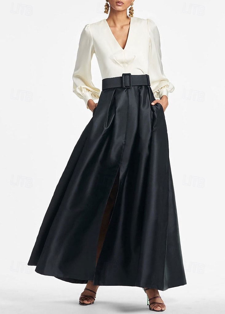 A-Line Floor Length Evening Gown High Split Mother Of The Bride Long Sleeve V Neck Formal Wedding Guest Belt / Sash Satin with Pleats Slit 2026 - $172.99 –P3