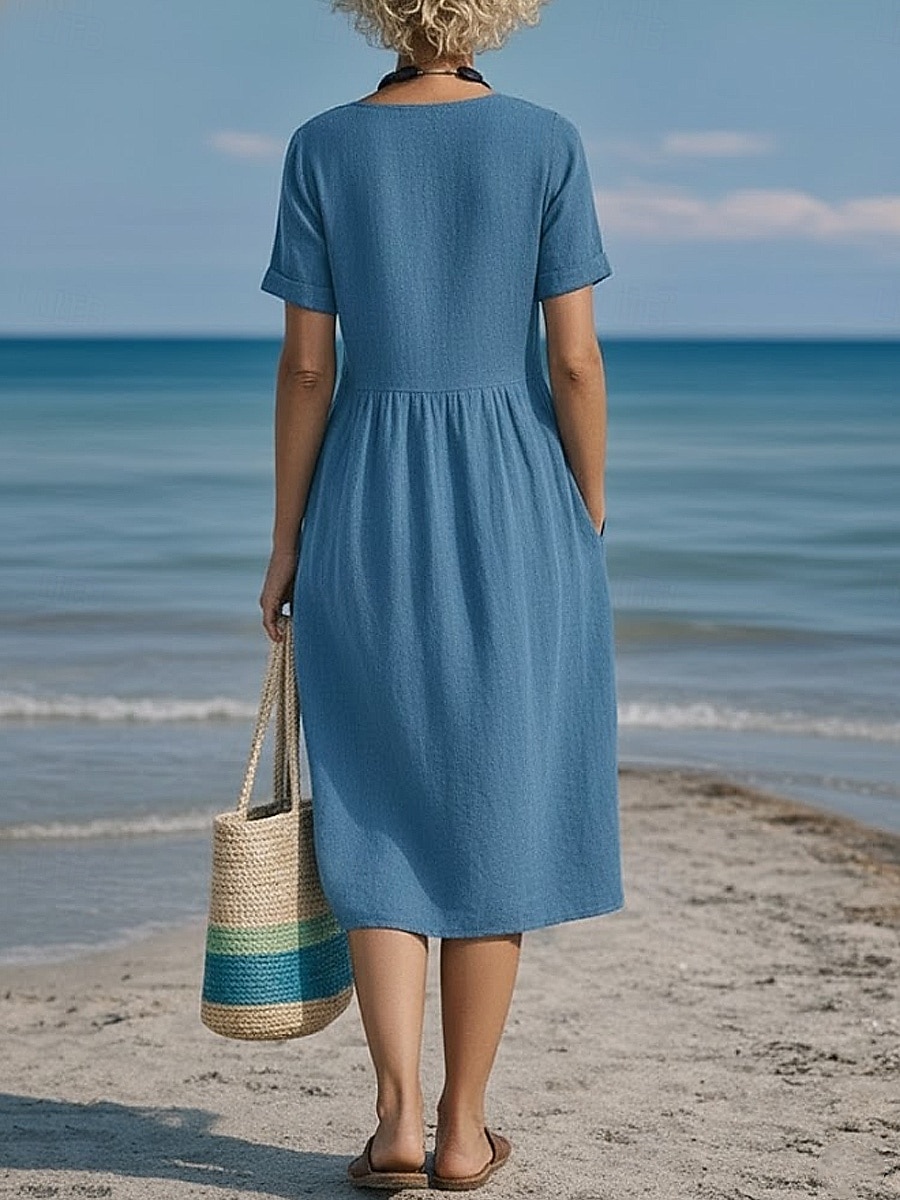 Damskie Sukienka midi Sztuczna bawełna len Sukienka A line Codzienny Codzienny Regularny Równina Krótki rękaw W serek Niebieski Czarny Biały Wino Lato Wiosna 2026 - $31.99 –P3