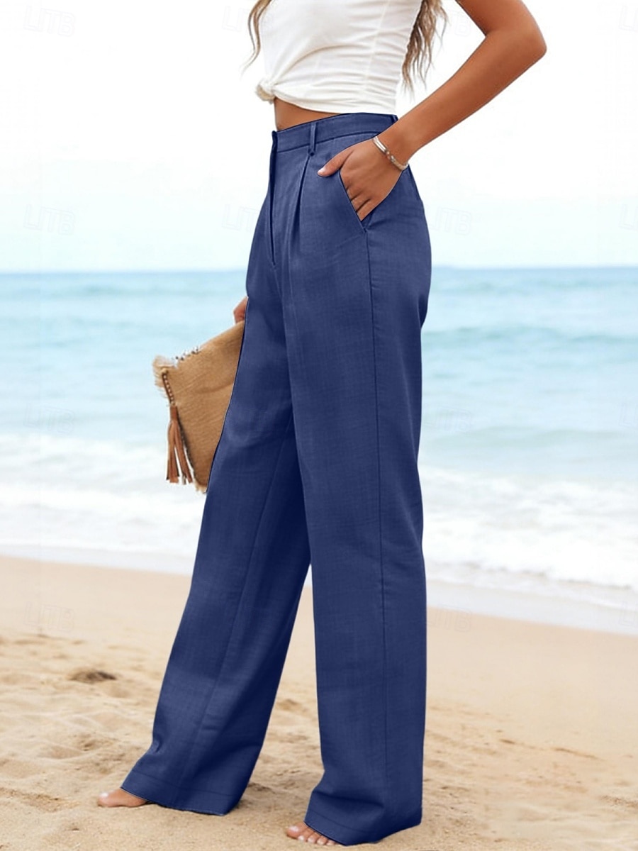 Damen Kunstbaumwollleinen Weites Bein Freizeithose Sommerhose Urlaub Streetwear Basic Volle Länge Mittlere Taillenlinie Einfach Tasche Atmungsaktivität Bequem Unelastisch Täglich Outdoor Urlaub Blau 2026 - $23.99 –P14