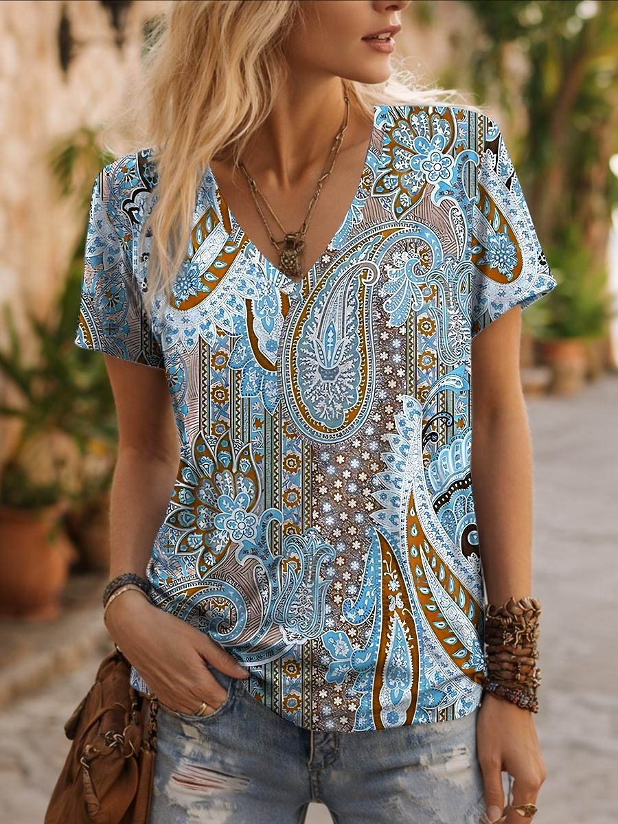 Γυναικεία Μπλουζάκι Στάμπα Γραφική Λαχούρι Βίντατζ Στυλάτο Καθημερινό Κοντομάνικο Λαιμόκοψη V Κανονικά μπλουζάκια Καθημερινά Θαλασσί Κίτρινο Βυσσινί Καλοκαίρι Άνοιξη 2026 - $21.99 –P2