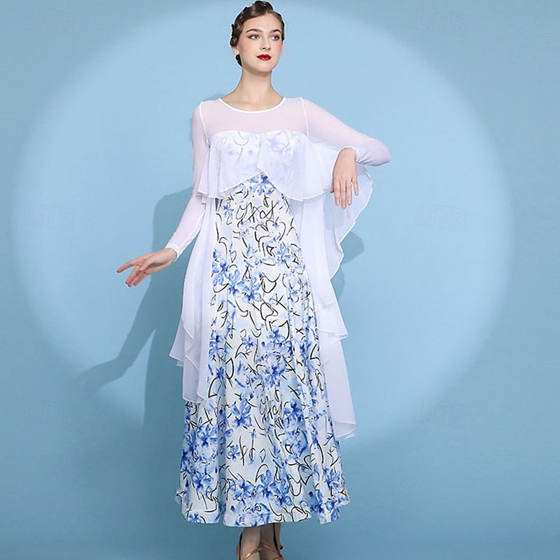 abito da ballo da sala da donna con fiori, in rete trasparente, a maniche lunghe, con volant sovrapposti, abito da competizione moderno standard, bianco e blu del 2026 a $149.99 –P3