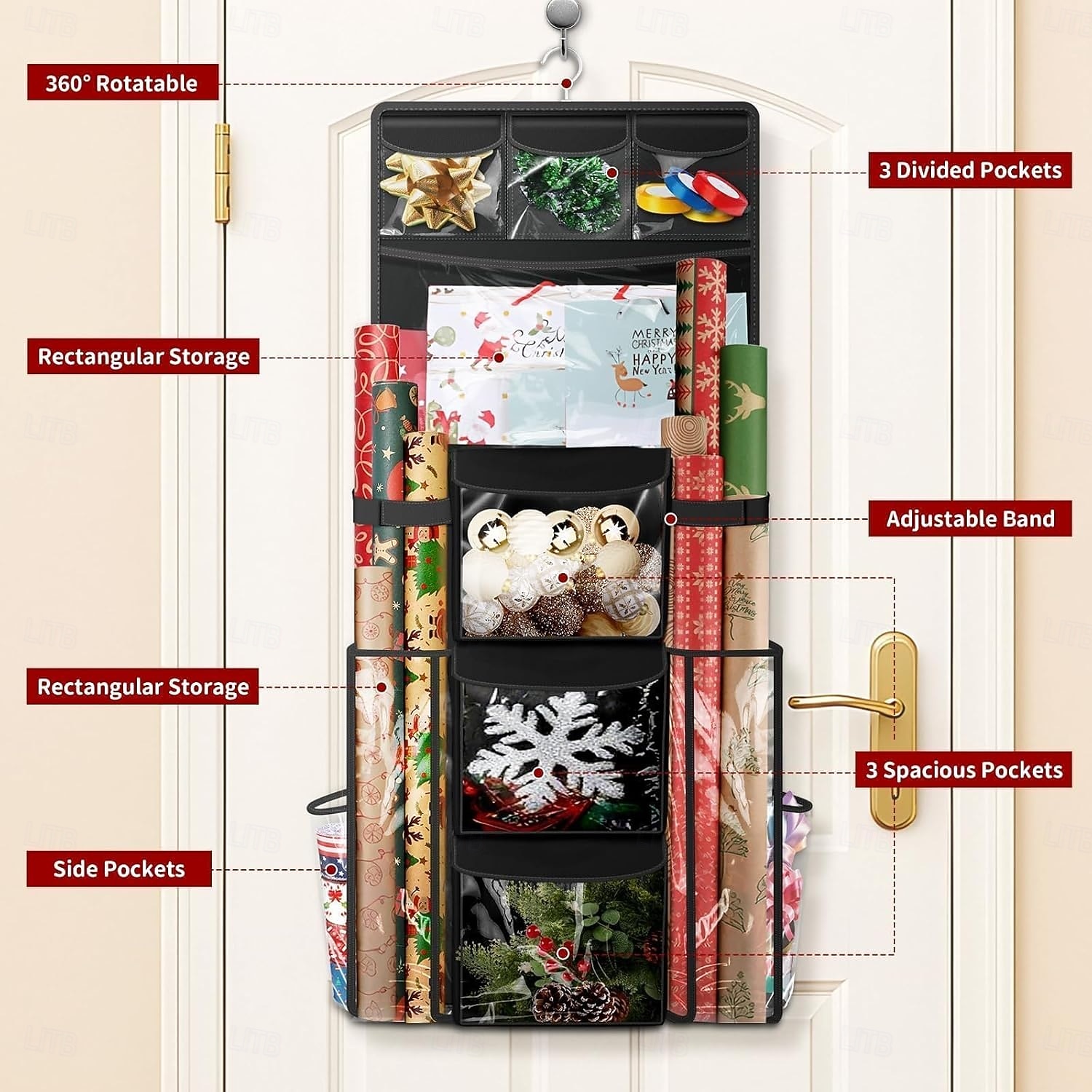 Hängender Geschenkpapier-Organizer, doppelseitiger Geschenkverpackungs-Organizer, Aufbewahrungsbehälter für Weihnachtsdekoration mit drehbarem Haken, großes Fassungsvermögen für Festtagsdeko, Bänder 2026 - $32.99 –P2