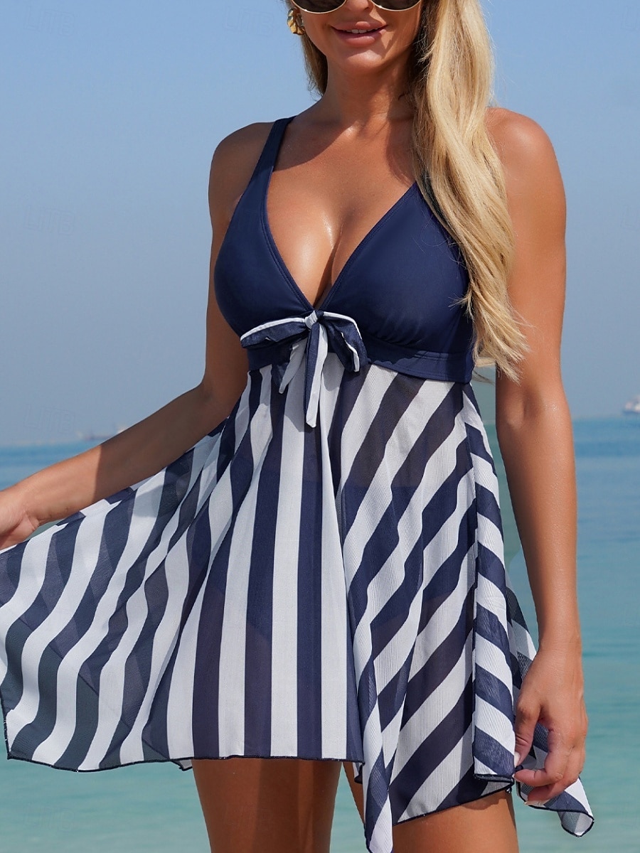 Per donna Costumi da bagno Tankini Due pezzi Mutande Costume da bagno Controllo della Pancia Vita alta Snello Senza schiena Vacanza Abbigliamento da Spiaggia A righe Scollo a V Senza Maniche Costumi del 2026 a $34.99 –P5