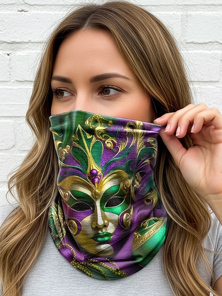 Damska czapka beanie z poliestru z nadrukiem, może służyć jako komin, wielowzorzysta, w stylu karnawałowym Mardi Gras, z miękkiej, elastycznej tkaniny, 2 w 1 jako nakrycie głowy i szalik na festiwale, imprezy i na co dzień 2026 - $11.99 –P3