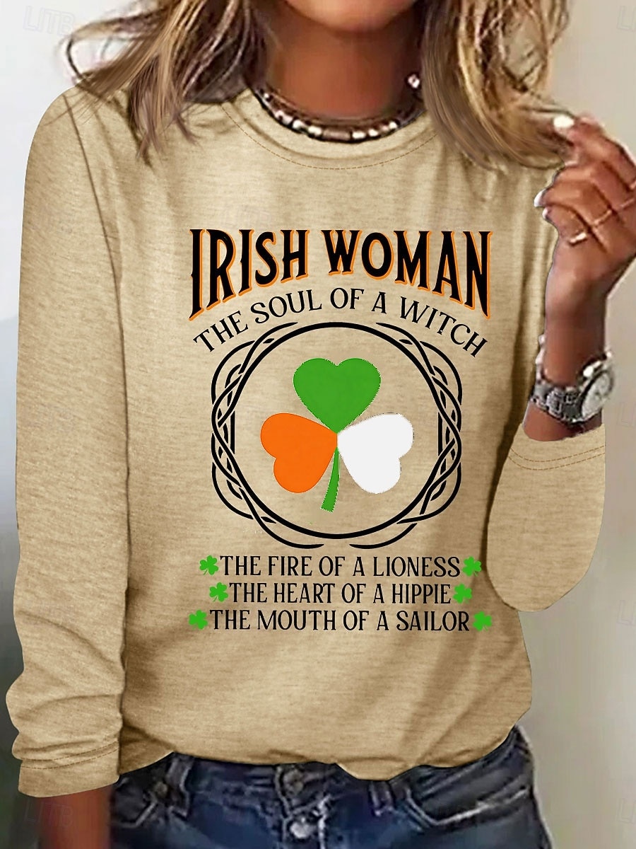 T-shirt da donna per il giorno di San Patrizio Graphic Shamrock Lettera Stilosa Classica Casual a maniche lunghe Collo tondo Tops normali Stampa Daily Blu Nero Bianca Rosa Beige Primavera Autunno del 2026 a $24.99 –P6