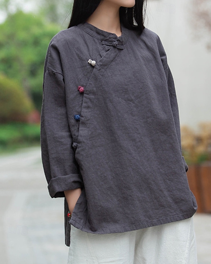 Camicia da donna a maniche lunghe con colletto alla coreana in lino biologico del 2026 a $45.99 –P18