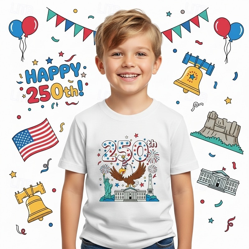 100% Cotone Bambini Ragazzi Blu Nero Bianco Grafico Aquila 250° anniversario Maglietta Blusa Girocollo Manica Corta All'aperto Abbigliamento Quotidiano Moda Streetwear Designer Stampa Estate del 2026 a $19.99 –P3
