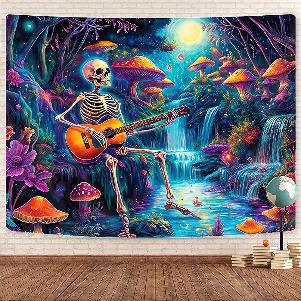 Tapeçaria estética de esqueleto guitarrista, arte de parede psicodélica com cogumelos brilhantes e floresta, cenário de luar e cachoeira para estúdio de música. de 2026 por $20.99 –P3
