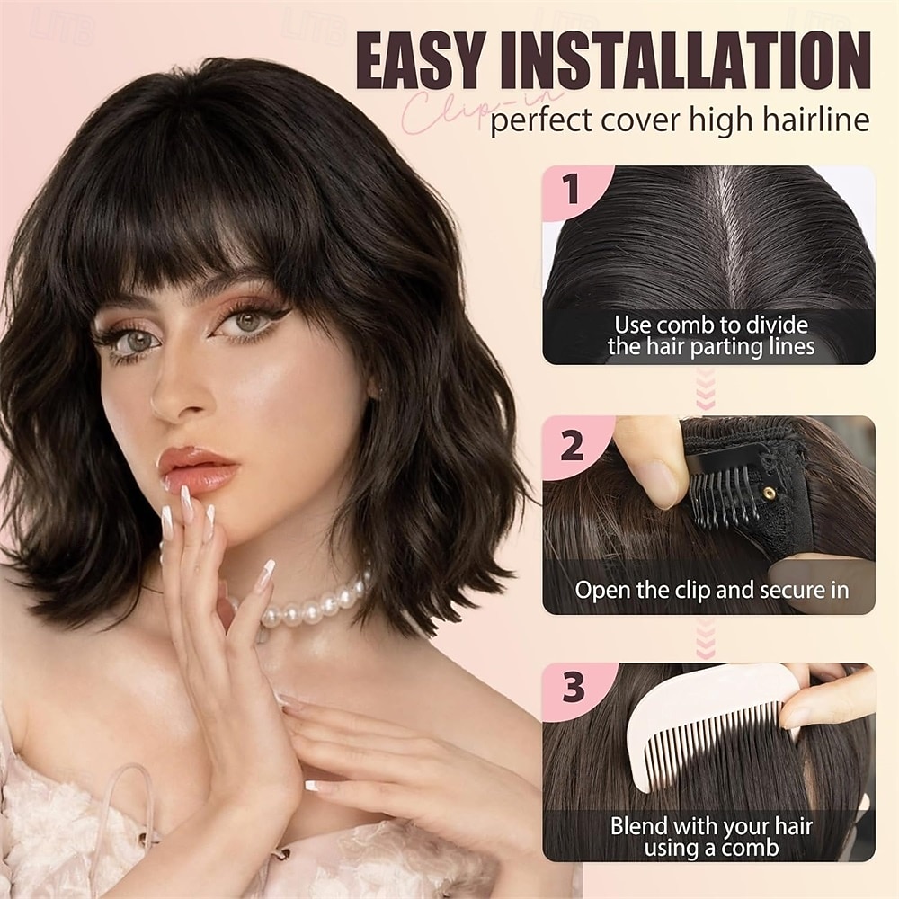 Clip-in pony, synthetische Franse pony, haarclip, asblonde neppony met slapen, haarstukjes voor vrouwen, natuurlijke gebogen haarextensies voor dagelijks gebruik 2026 - $10.99 –P2