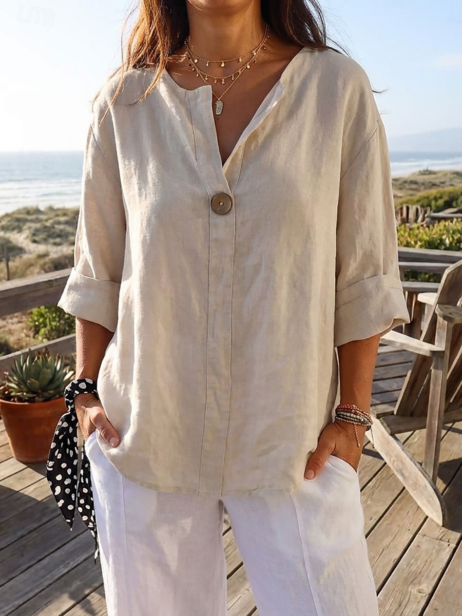 Women's Linen Shirts Blouse Patchwork Plain Stylish Modern Casual Long Sleeve V Neck Regular Tops Daily Holiday Going out Black White Navy Blue Orange Green Summer Spring 2026 - $23.99 –P1