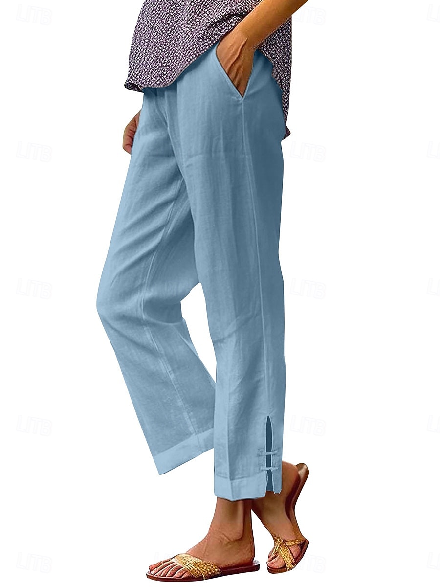 Dam Byxor av linne i bomull Kinesiska Semester Streetwear Grundläggande Fullängd Medium Midja Slät Ficka Elastisk midja Bekväm Komfort Oelastisk Dagligen Utomhus Semester Grå Svart Vit Armégrön 2026 - AU $15.84 –P3