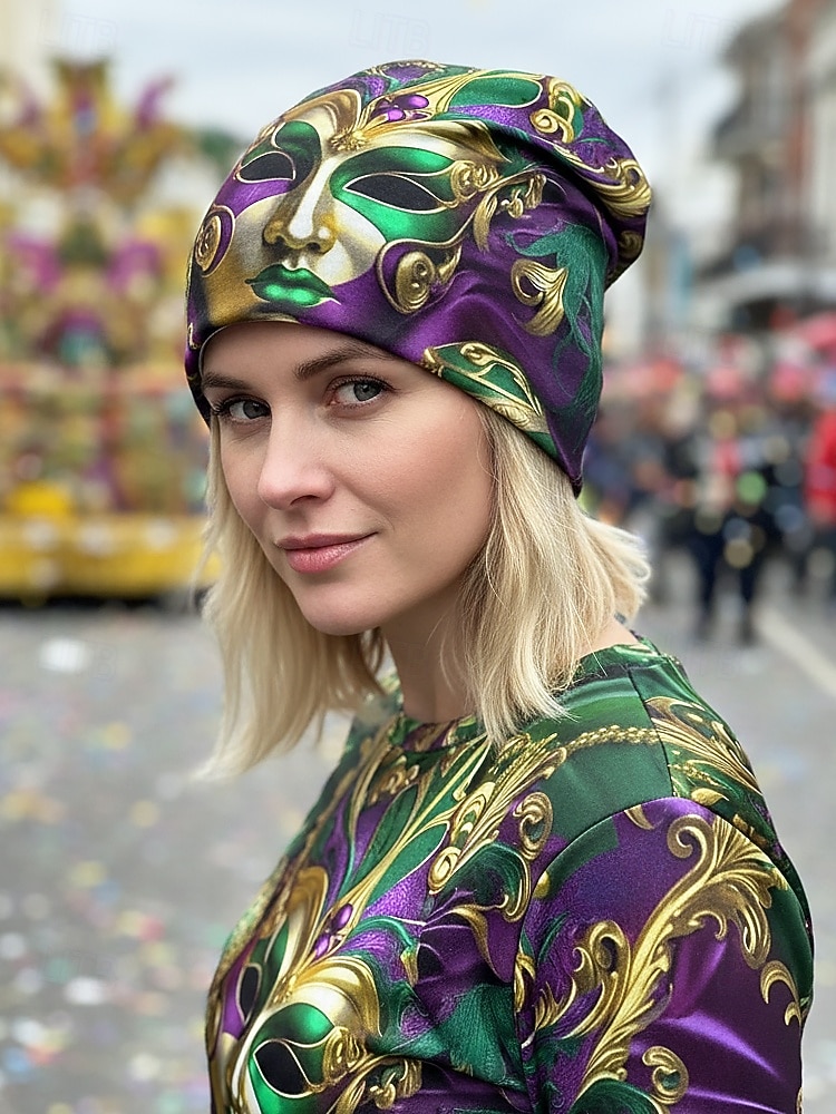 Damska czapka beanie z poliestru z nadrukiem, może służyć jako komin, wielowzorzysta, w stylu karnawałowym Mardi Gras, z miękkiej, elastycznej tkaniny, 2 w 1 jako nakrycie głowy i szalik na festiwale, imprezy i na co dzień 2026 - $11.99 –P2