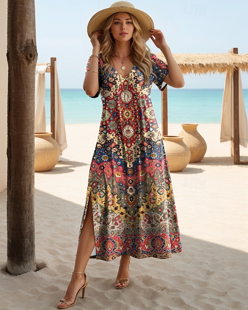 Damen Midikleid A Linie Kleid Lässig Täglich Normale Passform Blumen Abstrakt Kurzarm V Ausschnitt Schwarz Weiß Leicht Braun Orange Sommer Frühling 2026 - AU $18.1 –P11