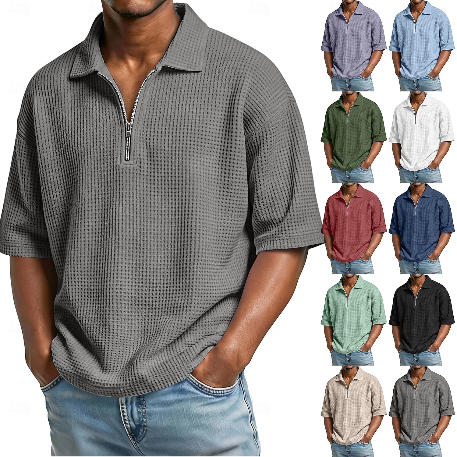 Pánské Waffle Polo košile Polo na zip Ležérní Zdatnost Klopa Čtvrtletní zip Krátký rukáv Módní Sval Pevná barva Bez vzoru Zip Léto Jaro Volný potah Fialová Námořnická modř Armádní zelená Šedá Světle 2026 - $22.99 –P1