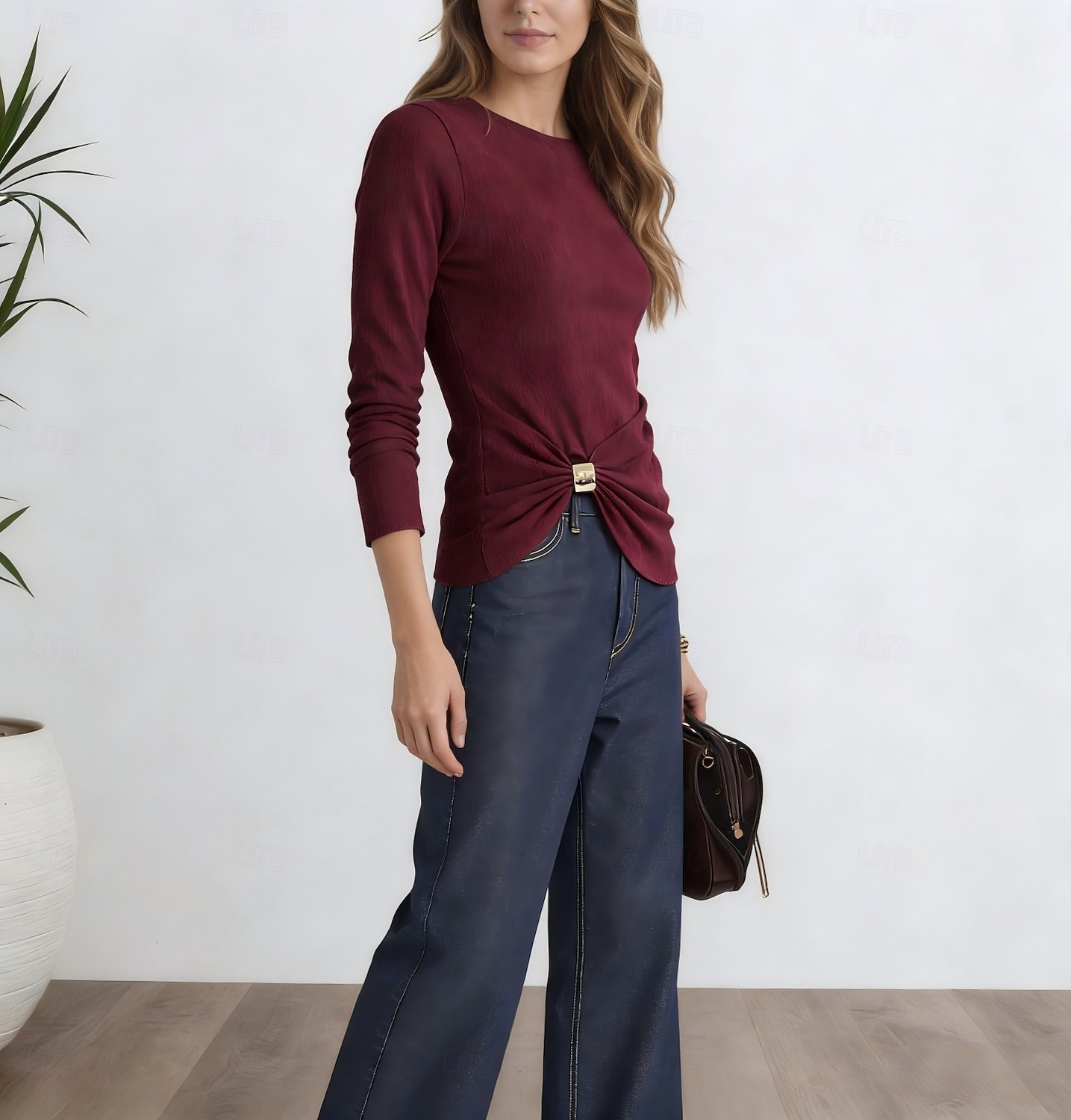 Femmes Flou Froncé Boucle en métal Couleur Unie Mode Occasionnel manche longue Col ras du cou Col rond Hauts Réguliers Quotidien Sortir Vin Printemps Automne de 2026 ? $22.99 –P2