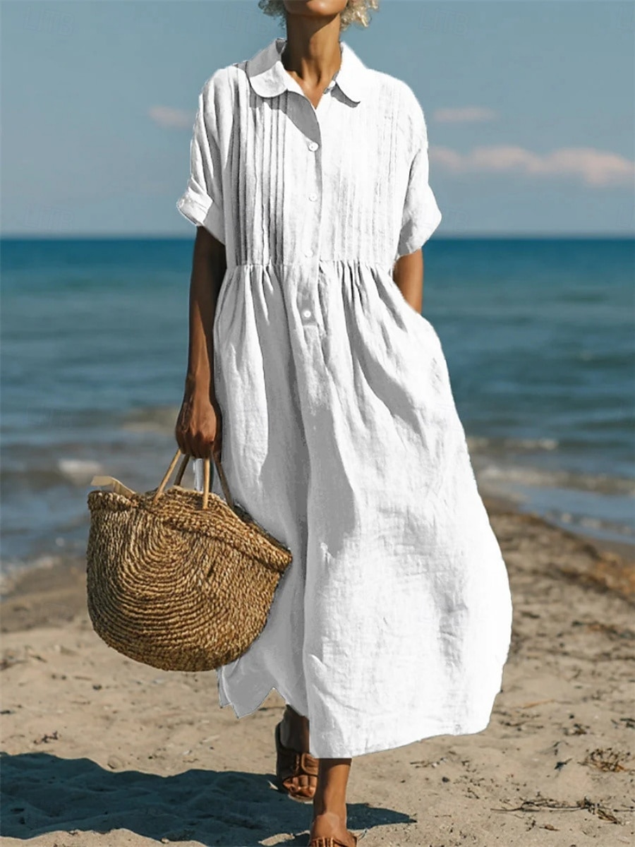 Mujer Vestido Midi Vestidos con tacto de lino Vestido de Camisa Vestido Kaftan Moda Moderno Diario Exterior Vacaciones Ajuste regular Plano Manga Corta Cuello Camisero Azul Piscina Negro Blanco Verde 2026 - $32.99 –P1