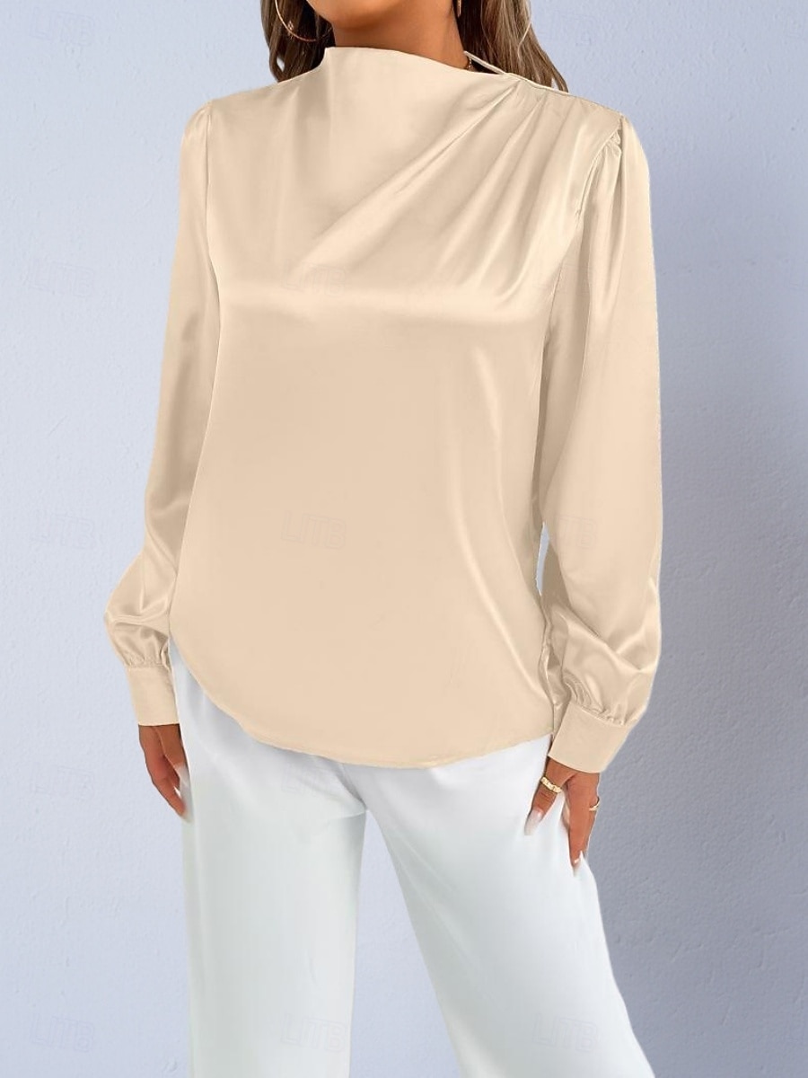 Dames Overhemd Satijnen overhemd Normaal shirt Met ruches Effen Stijlvol Basic Klassiek Lange mouw Hoge nek Normale tops Dagelijks Feestdagen Uitgaan Zwart Wit Wijn Rood Lente Herfst 2026 - $22.99 –P17