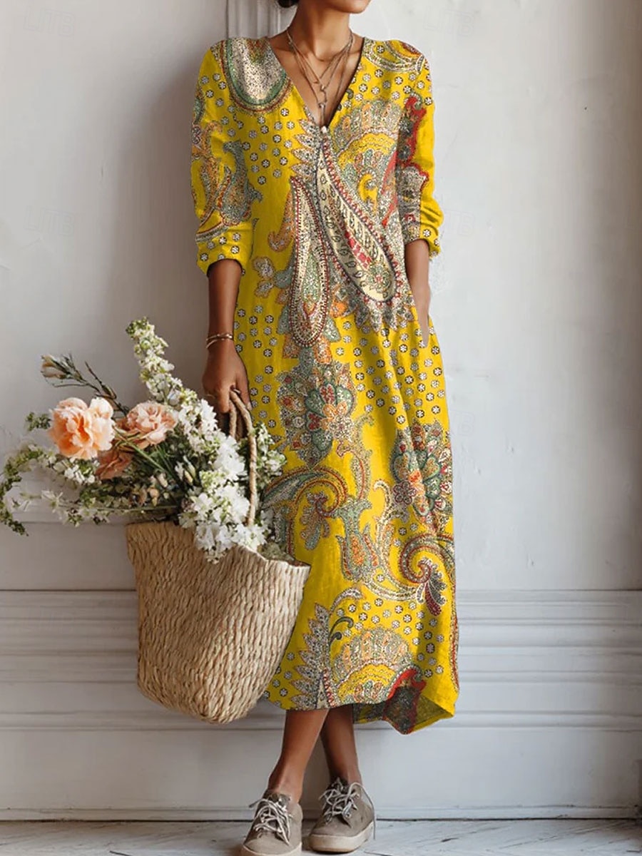 Women's Maxi Dress Linen Like Breathable Lightweight Sundress A Line Dress Vacation Casual Boho Holiday Regular Fit Floral Graphic Color Block Long Sleeve V Neck Yellow Pink Green Beige Summer Spring 2026 - $41.99 –P1
