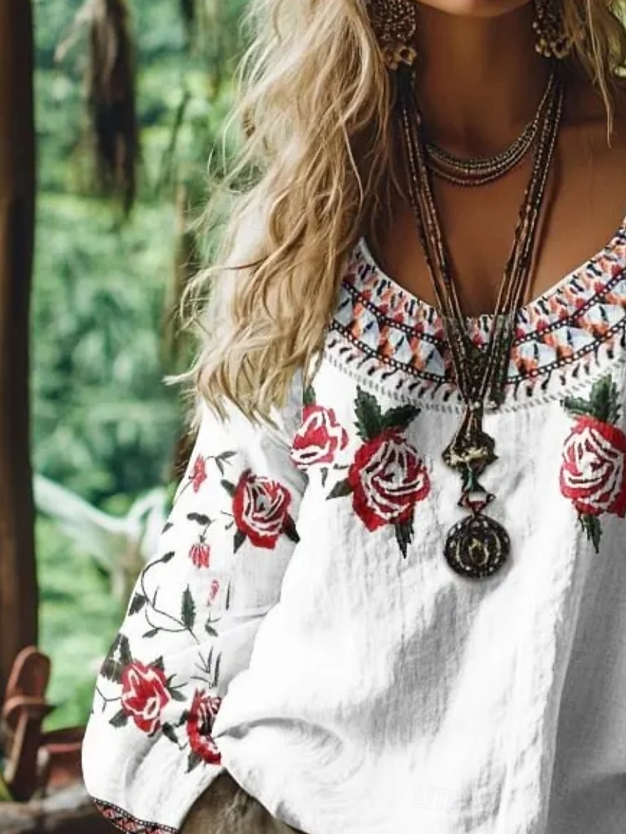 Women's Shirt Boho Shirt Blouse Print Floral Graphic Bohemia Vintage Stylish Long Sleeve V Neck Regular Tops Daily Holiday Going out White Summer Spring Fall 2026 - $27.99 –P3