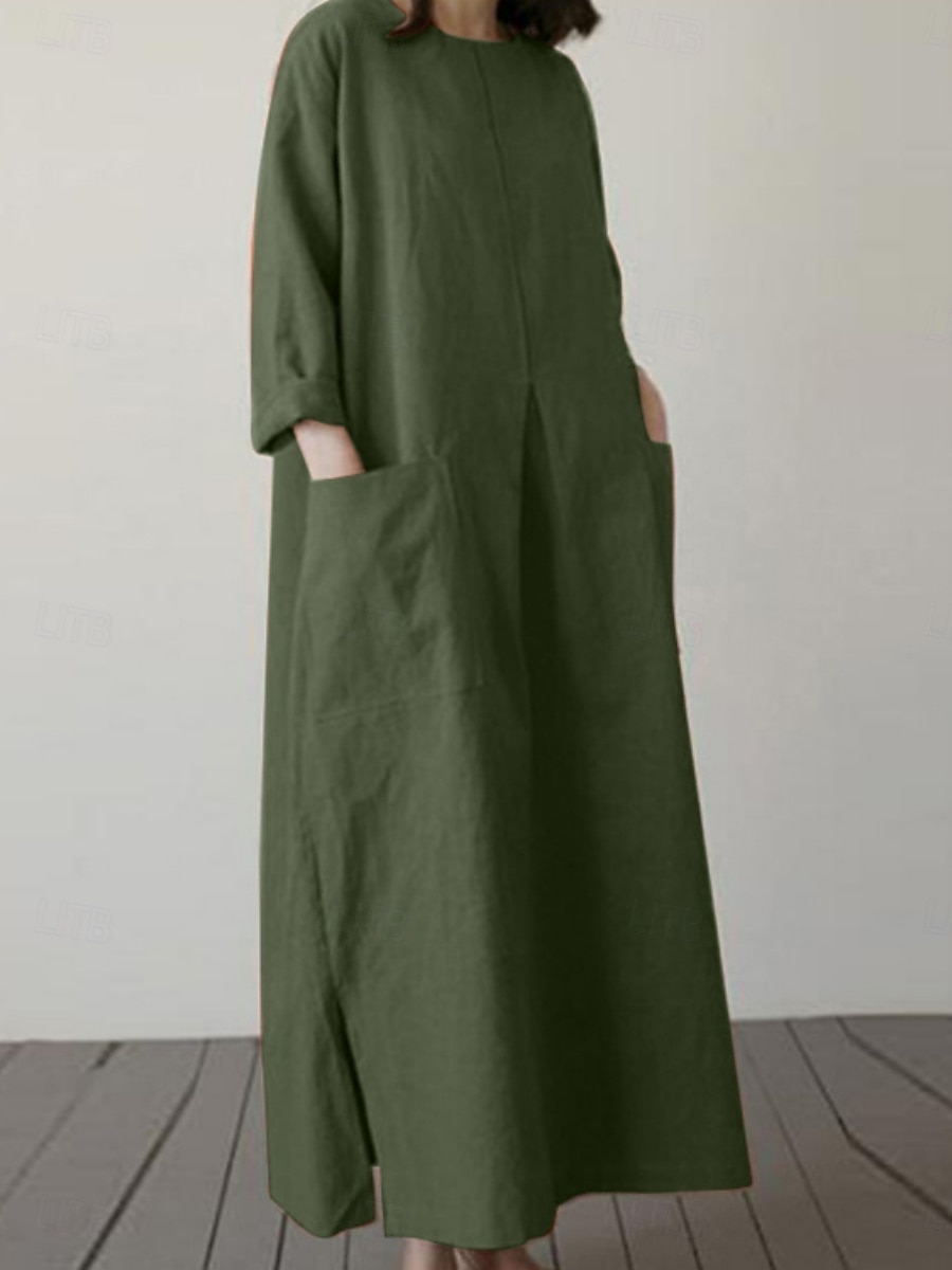 בגדי ריקוד נשים שמלת מיני פשתן כותנה דמוי עור שמלת שיפט יום יומי יומי מונח בצורה רפויה אחיד שרוול ארוך צווארון עגול קצר שחור כתום ירוק צבאי משמש קיץ אביב סתיו 2026 - $34.99 –P2