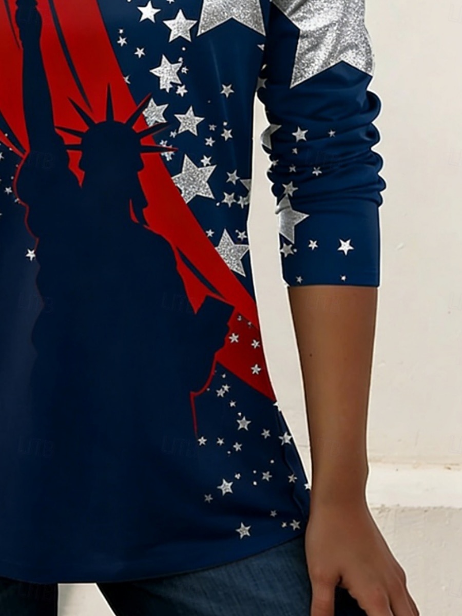 día de la independencia americana Mujer Camiseta Camiseta superior Estampado Graphic Bandera estadounidense Elegante Clásico Casual Manga Larga Escote en Pico Tops regulares Diario Noche Fin de semana 2026 - $21.99 –P4