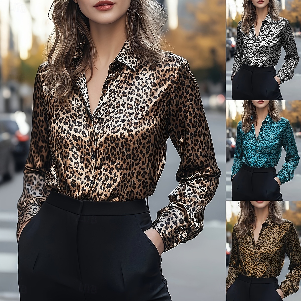 Women's Blouse Buttons Print Leopard Stylish Casual Long Sleeve Shirt Collar Regular Tops Daily Blue Silver Yellow Brown Spring Fall 2026 - $32.99 –P1